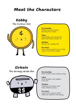 Original MoneyBuddy comic artwork introducing Kobby the curious coin and SirKoin the guide box